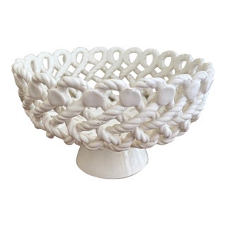 French Country White Ceramic Woven Rope Cachepot Basket or Fruit Bowl For Sale