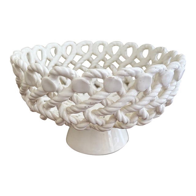 French Country White Ceramic Woven Rope Cachepot Basket or Fruit Bowl For Sale