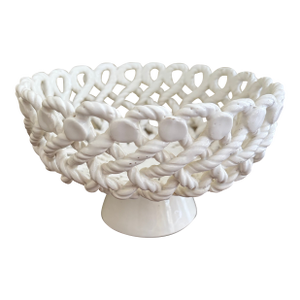 French Country White Ceramic Woven Rope Cachepot Basket or Fruit Bowl