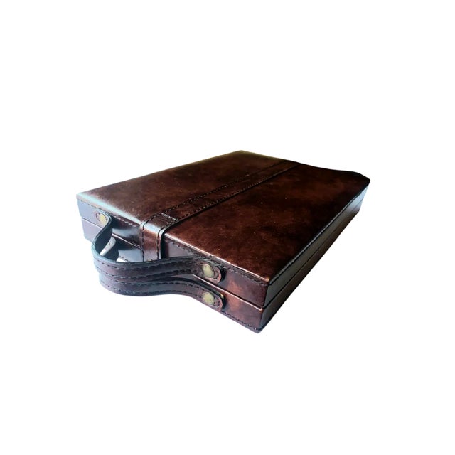 Cabin Vintage Pottery Barn Leather Cribbage Board | 1980s Chocolate Travel Game Case For Sale - Image 3 of 7