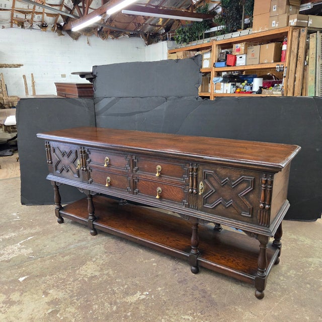 Late 19th Century Antique English Carved Oak Sideboard With Intricate Geometric Carvings and Brass Hardware For Sale - Image 5 of 18