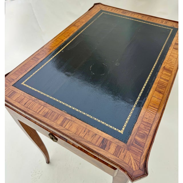Antique French Louis XV Style Tulipwood Marquetry Writing Table or Side Table With Leather Top For Sale - Image 18 of 18