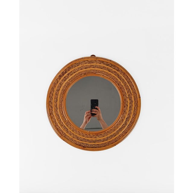 Vintage Riviera Round Mirror in Curved Canes and Rattan Core Braids, Italy, 1970s For Sale - Image 4 of 10