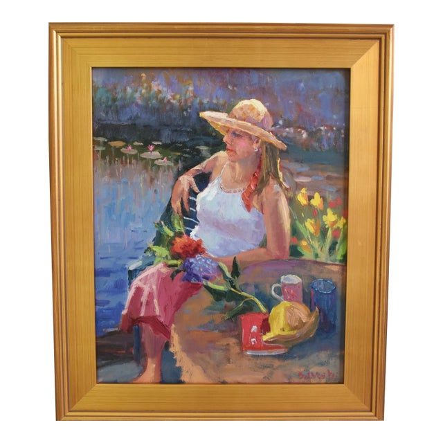 Silvio Silvestri, Listed Artist Woman With Flowers Oil Painting W/ Antiqued Gold Wood Frame For Sale