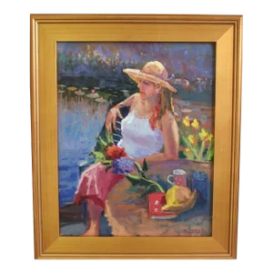 Silvio Silvestri, Listed Artist Woman With Flowers Oil Painting W/ Antiqued Gold Wood Frame