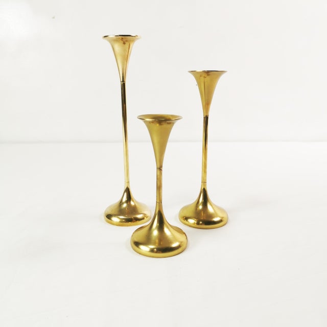 Gold Vintage Brass Candlesticks, Denmark, 1960s, Set of 3 For Sale - Image 8 of 9