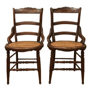 19th Century Antique Wooden Side Chairs With Cane Seats—A Pair For Sale