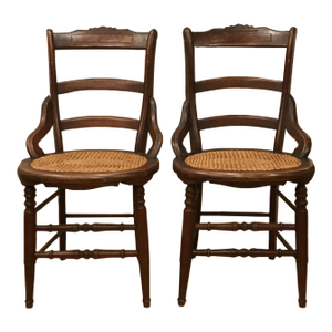 19th Century Antique Wooden Side Chairs With Cane Seats—A Pair