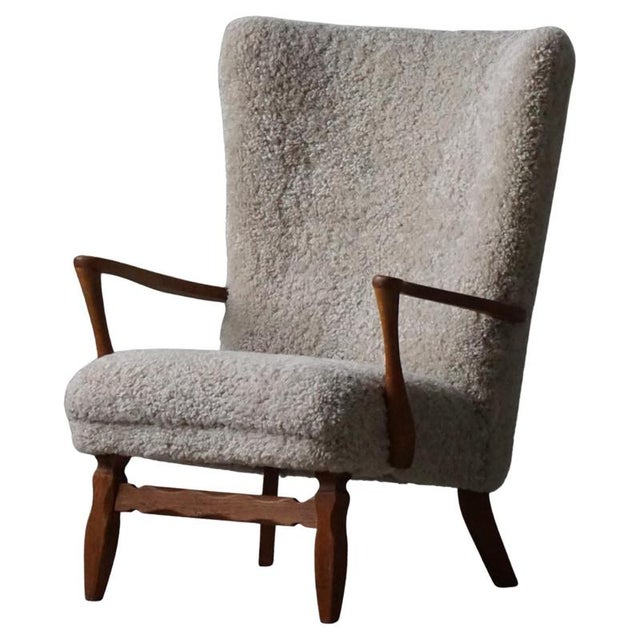 Vintage Danish Highback Chair in Oak and Shearling Lambswool by Viggo Boesen, 1950s For Sale - Image 17 of 17