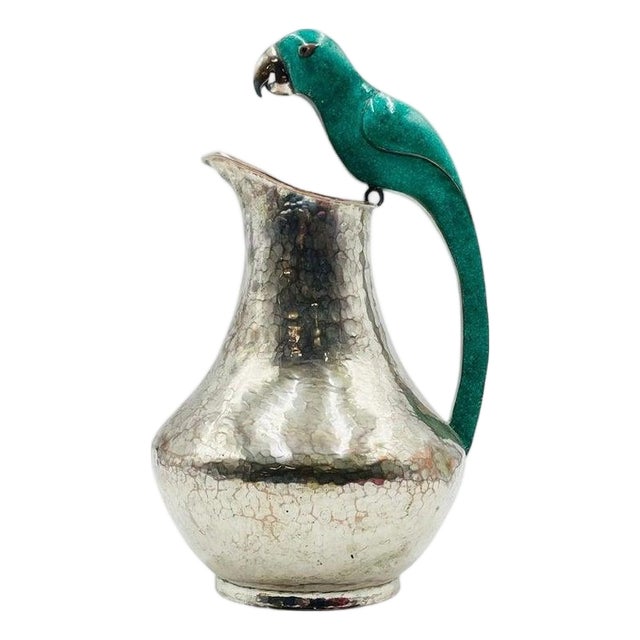 1960s Alfredo Villasana Taxco Turquoise Parrot Silver Plate Pitcher, Mexican Silver For Sale