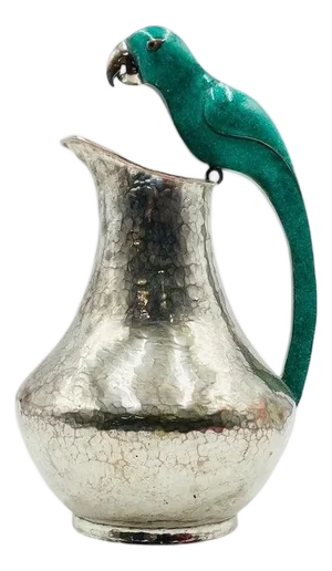 1960s Alfredo Villasana Taxco Turquoise Parrot Silver Plate Pitcher, Mexican Silver