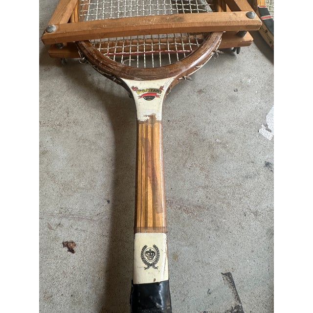 Vintage Collection of Miscellaneous Tennis Rackets With Guard and Hand Knit Cover For Sale In Atlanta - Image 6 of 12