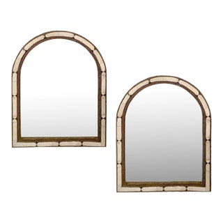 Hollywood Regency Style Handmade Arched White Bone & Brass Inlay Mirror, Pair For Sale