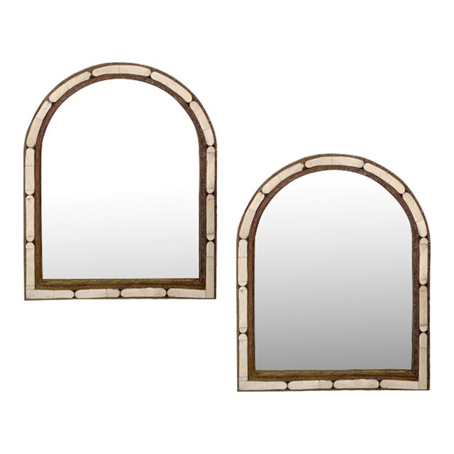 Hollywood Regency Style Handmade Arched White Bone & Brass Inlay Mirror, Pair For Sale