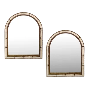 Hollywood Regency Style Handmade Arched White Bone & Brass Inlay Mirror, Pair