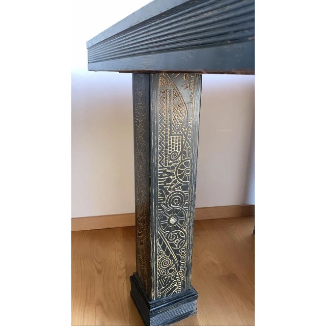 1940s Mid Century Vintage Bauhaus Arts + Crafts Black Cerused Oak With Stylized Botanical Hand Carved Pillar and Pulls For Sale In San Diego - Image 6 of 12