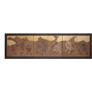 Japanese Meiji Era Gold Leaf Byobu Screen With Elephant and Noble Children For Sale