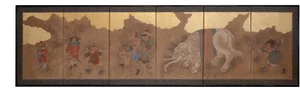 Meiji Era Gold Leaf Japanese Byobu Screen "Elephant and Children"
