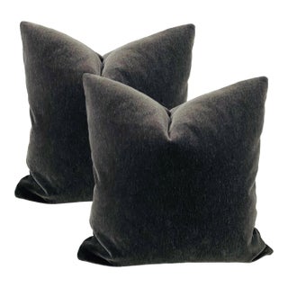 Plush Charcoal Down Filled Mohair Pillows - A Pair For Sale