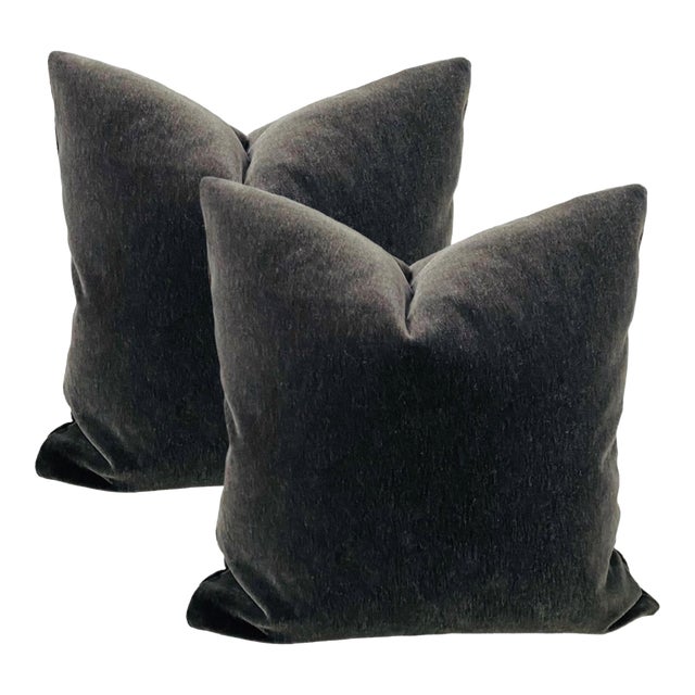 Plush Charcoal Down Filled Mohair Pillows - A Pair For Sale