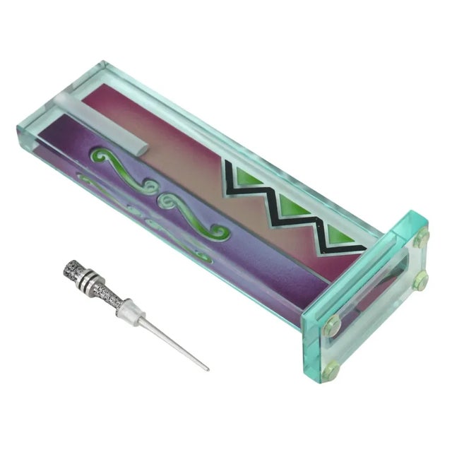 Pair Irving Glass Design Studio Art Glass Painted Bottles with Metal Stoppers. Larger measures 11 inches x 4 inches x 0.75...