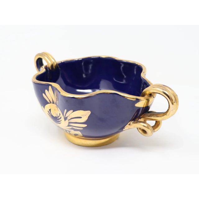 Vintage Italian Pottery Decorative Handled Bowl in Navy With Gold Decoration For Sale - Image 10 of 15
