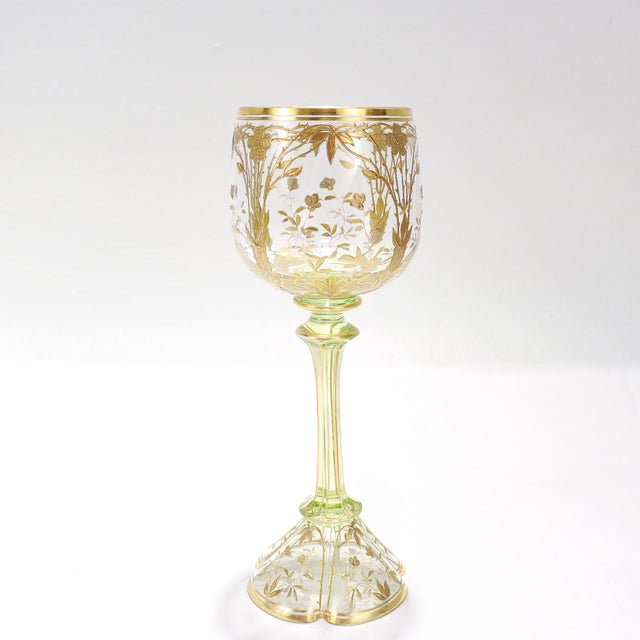 Gold 1900 Set of 6 Gilt German or Bohemian Art Nouveau Clear & Green Glass Wine Goblets For Sale - Image 8 of 18