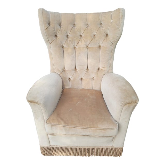 Vintage High-Backed Velvet Bergère Armchair, 1970s For Sale