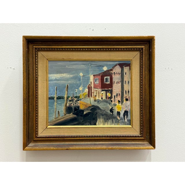 Wood Vintage Midcentury Harbor Scene Oil on Canvas For Sale - Image 7 of 7