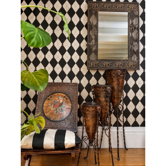Rustic Floor Brutalist Primitive Totemic Tall Metal Vessels on Forged Stands For Sale - Image 3 of 6