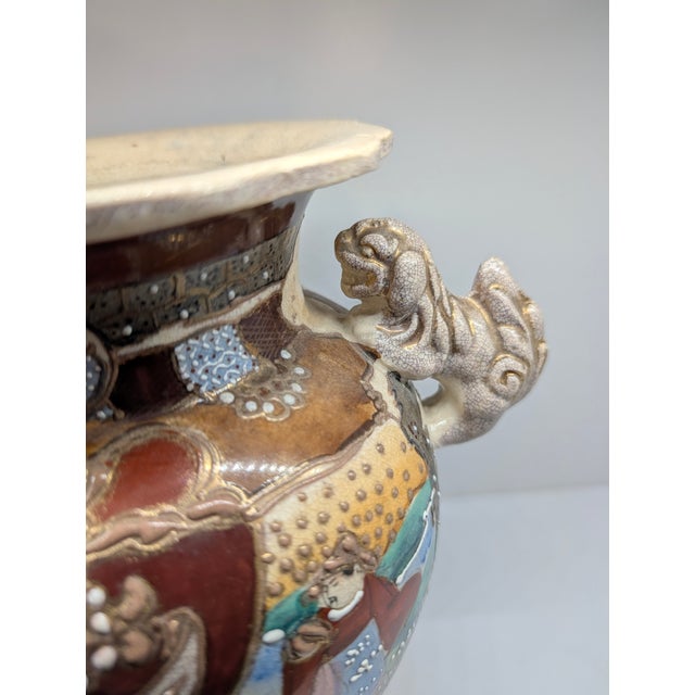 Gold Vintage Hand‑Painted Oriental Ceramic Vase With Foo Dog Handles For Sale - Image 8 of 11