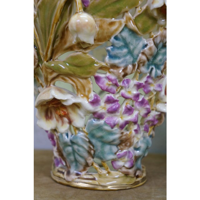 Olive Antique Art Nouveau Hungarian Zsolnay Tádé Sikorski Openwork Floral Mallow Vases For Sale - Image 8 of 18