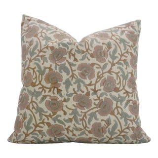 Fabdivine Handmade Block Print Linen Blend Throw Pillow Cover 24x24 – Vasundra Floral Design For Sale