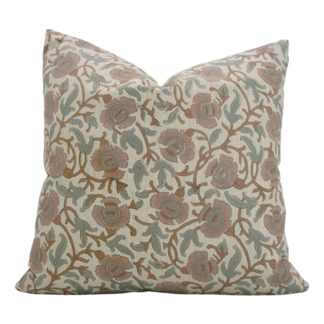 Fabdivine Handmade Block Print Linen Blend Throw Pillow Cover 24x24 – Vasundra Floral Design For Sale