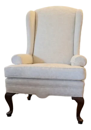 Vintage Queen Anne Wingback Chair in Cream Damask Upholstery