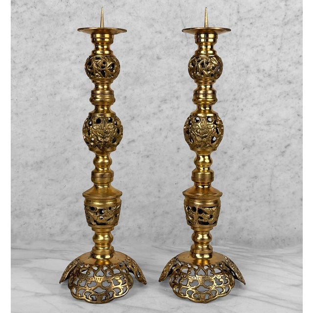 Vintage 15" Chinese Brass Dragon Motif Mantle Candlestick Holders - A Pair For Sale - Image 4 of 9