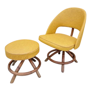 Mid Century Modern Saarinen Style Swivel Rattan Chair and Ottoman