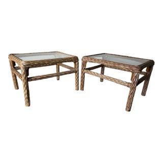 1970's Vintage Coastal Organic Whitewashed Rattan & Glass Top End Tables – A Pair For Sale