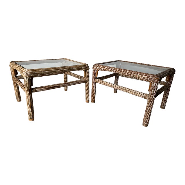 1970's Vintage Coastal Organic Whitewashed Rattan & Glass Top End Tables – A Pair For Sale