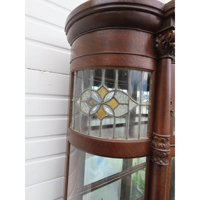 Late 1800s Large Tall Tiger Oak Leaded Stain Glass Curio Cabinet Cupboard 6573 For Sale - Image 14 of 18