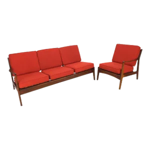 Danish Mid-Century Modern Walnut Lounge Chair Settee Loveseat Couch Sofa Set - A Pair