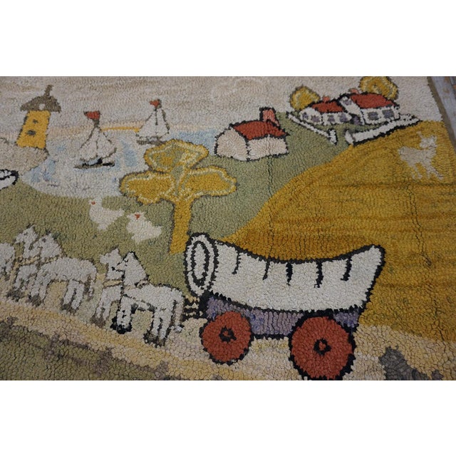 Artistic Small Size Pictorial Antique American Folk Art Prairie Town Farm Animal Scene Hooked Rug For Sale - Image 4 of 10