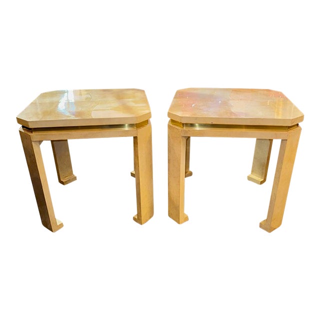 Pair of Karl Springer Manner Lacquered Parchment Side Tables For Sale