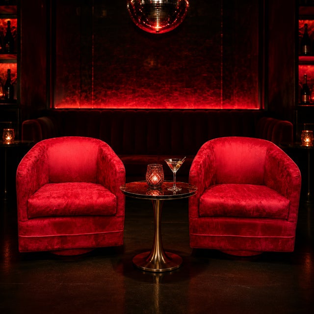 Red Suede Swivel Club Chairs - a Pair For Sale - Image 9 of 9