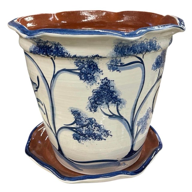 Ceramic Hand-Painted Italian Style Ceramic Planter & Saucer With Animal & Botanical Motif For Sale - Image 7 of 12