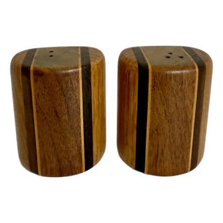 1970s Organic Modern Wood Salt & Pepper Shakers With Striped Inlay For Sale