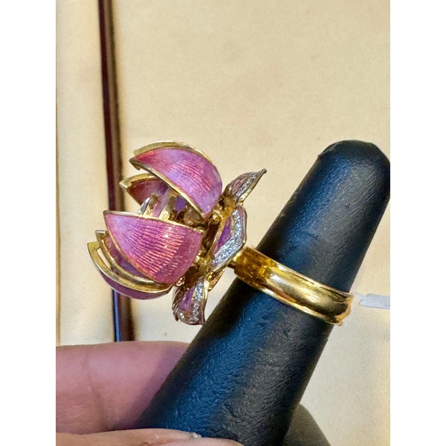 Arts & Crafts Gorgeous Lotus Flower which open & Close with solitaire Diamond and Enamel S 6.5 For Sale - Image 3 of 18
