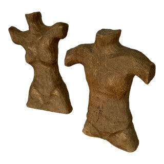 Late 19th Century Yasha Heifetz Style Hand Carved Wood Male and Female Sculptures- Set of 2 For Sale