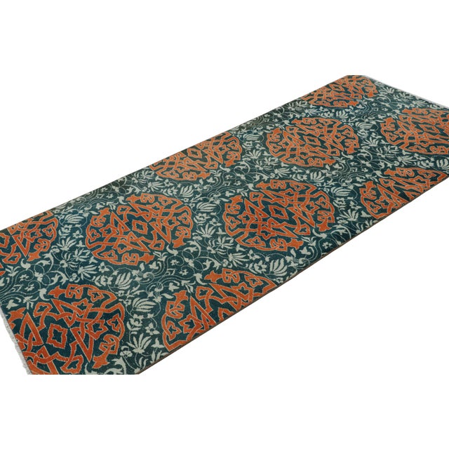 Rug & Kilim Vintage Hereke Runner Rug in Teal With Orange Arabesque Medallions | Rug & Kilim For Sale - Image 4 of 8