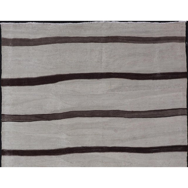 Traditional Vintage Turkish Kilim Rug in Soft Beige and Dark Brown Stripes For Sale - Image 3 of 11
